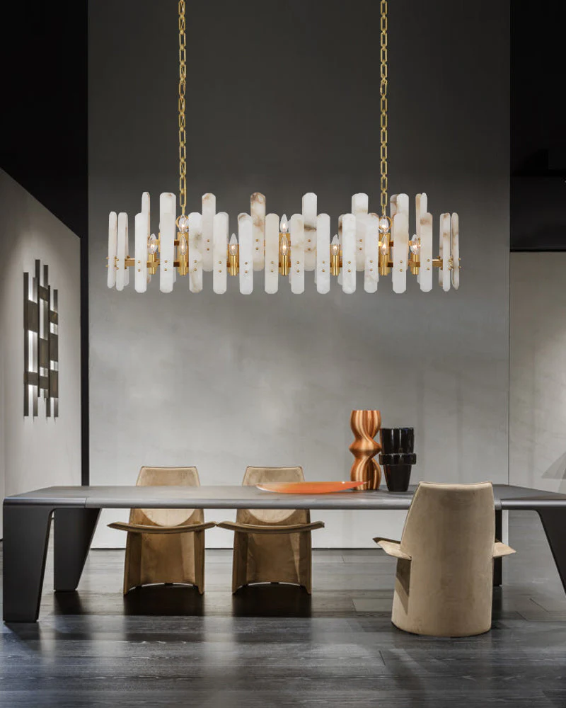 Large Alabaster Rectangular Chandelier Wide 40“ 45” with Chrome Frame for dining room - Image 6