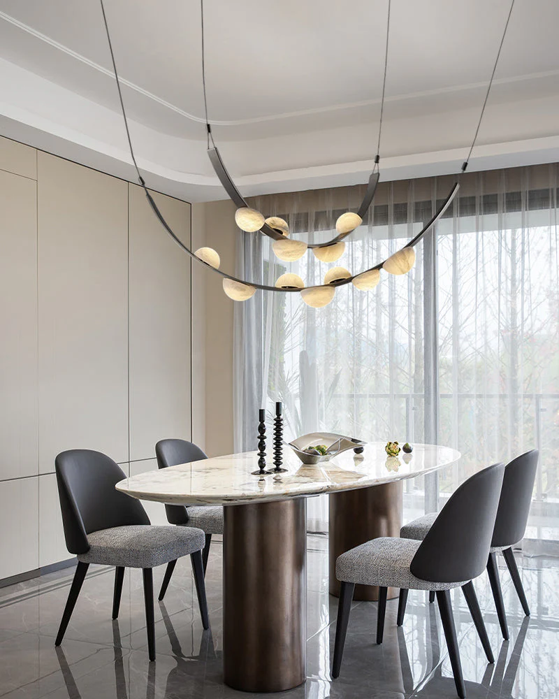 Leather pendant lamps with semicircular marble diffusers on a U-shaped strip metal base - Image 10