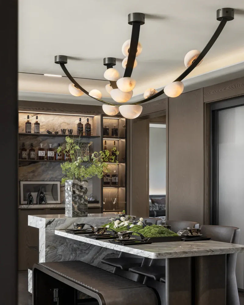 Leather pendant lamps with semicircular marble diffusers on a U-shaped strip metal base - Image 11
