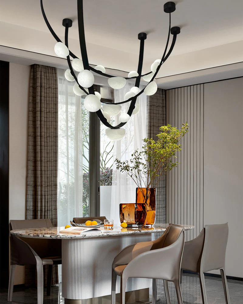 Leather pendant lamps with semicircular marble diffusers on a U-shaped strip metal base - Image 12