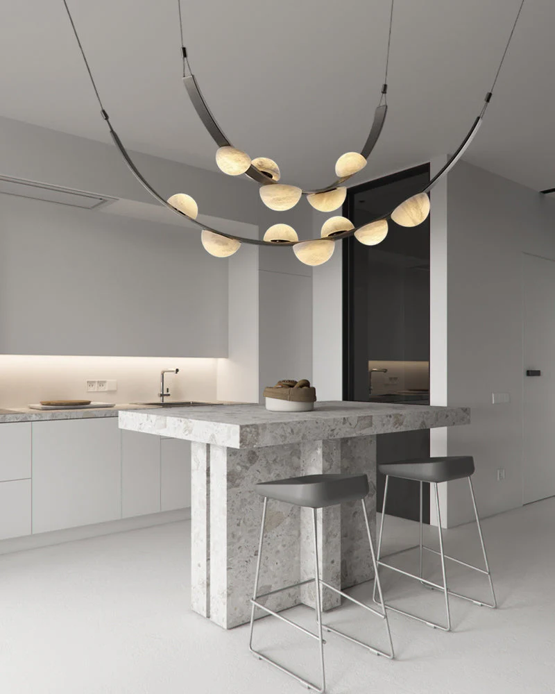 Leather pendant lamps with semicircular marble diffusers on a U-shaped strip metal base - Image 2