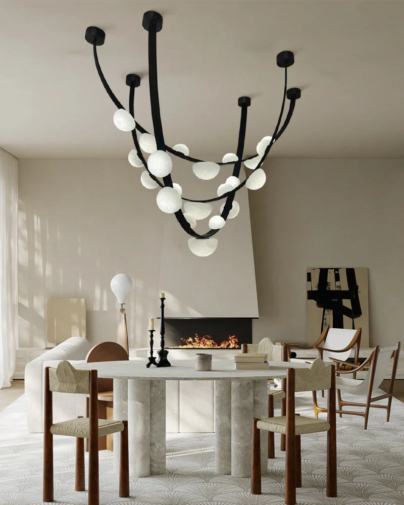 Leather pendant lamps with semicircular marble diffusers on a U-shaped strip metal base - Image 3