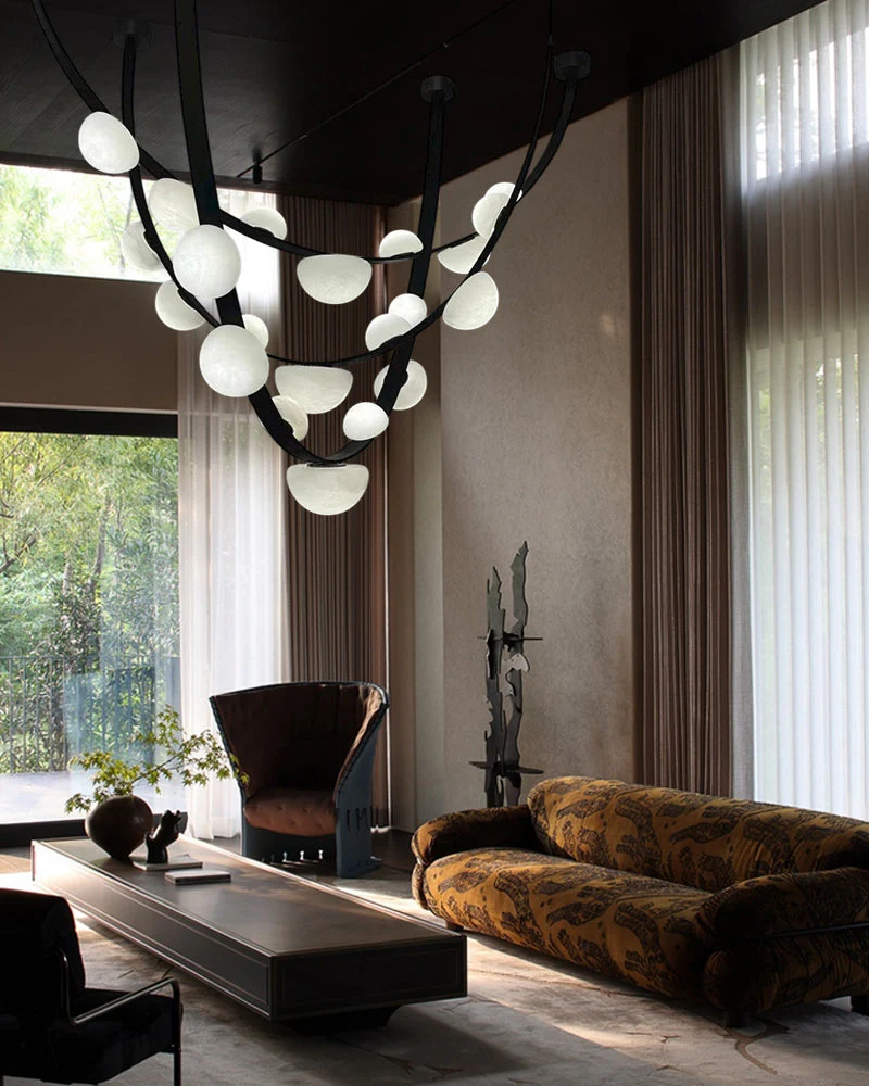 Leather pendant lamps with semicircular marble diffusers on a U-shaped strip metal base - Image 5