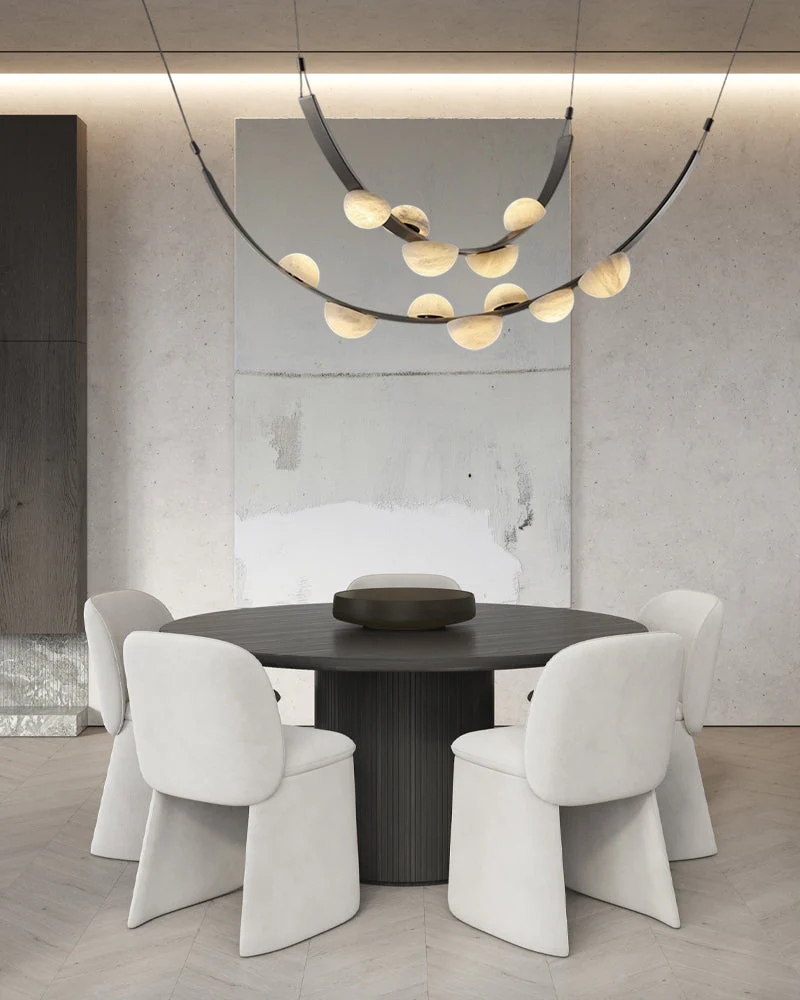 Leather pendant lamps with semicircular marble diffusers on a U-shaped strip metal base - Image 6