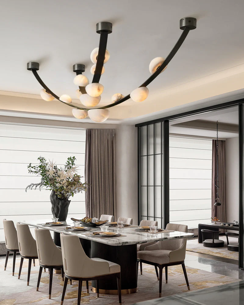 Leather pendant lamps with semicircular marble diffusers on a U-shaped strip metal base - Image 7