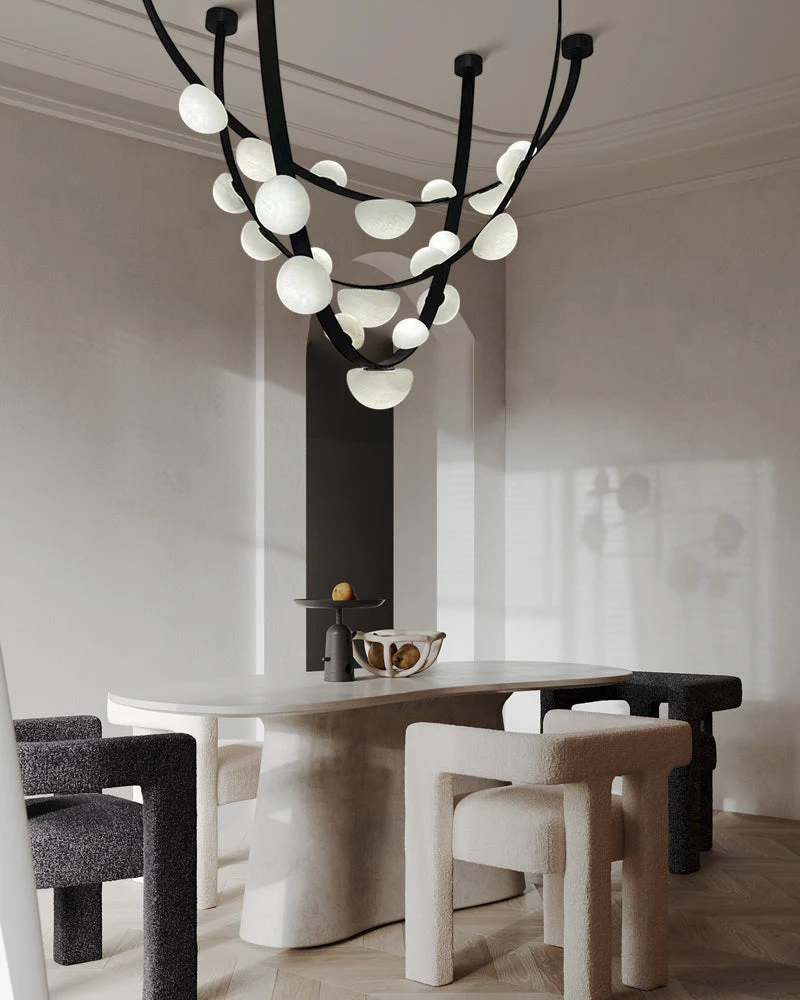 Leather pendant lamps with semicircular marble diffusers on a U-shaped strip metal base - Image 8