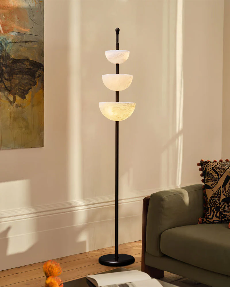 LED Bronze and Alabaster Triple Bowl Tall Floor Lamp 76in - Image 3