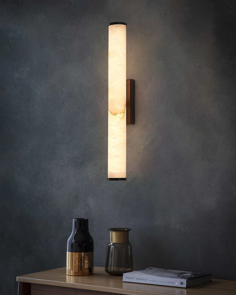 LED Copper Cylindrical Natural Marble Alabaster Wall Sconce Lamp - Image 14