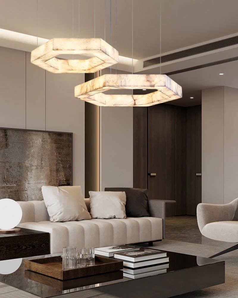 LED Hexagon Marble Pendant Lamp | Double/Triple Ring Design - Image 12