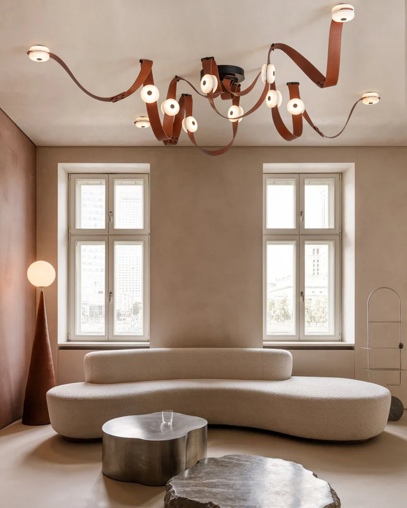 LED Mini SNAPS Module Ceiling Alabaster Pendant Light with Brown Leather Straps - Image 10