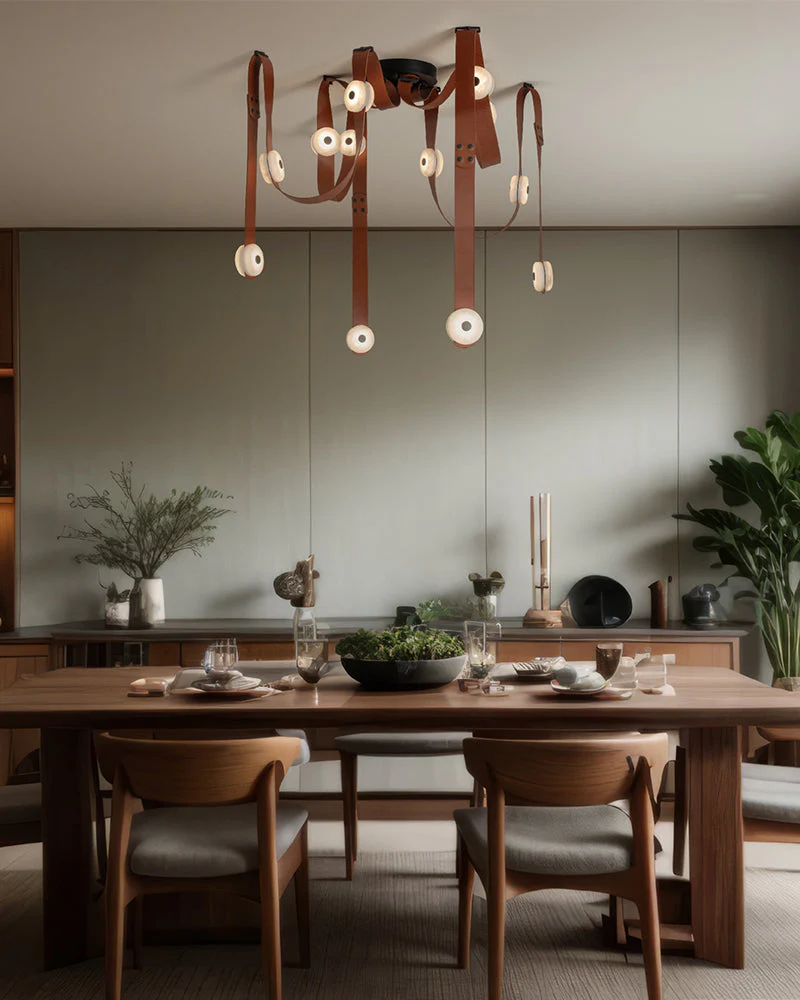 LED Mini SNAPS Module Ceiling Alabaster Pendant Light with Brown Leather Straps - Image 11