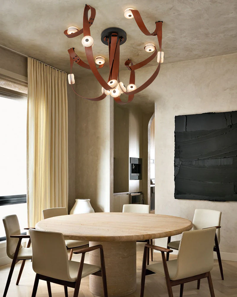 LED Mini SNAPS Module Ceiling Alabaster Pendant Light with Brown Leather Straps - Image 13