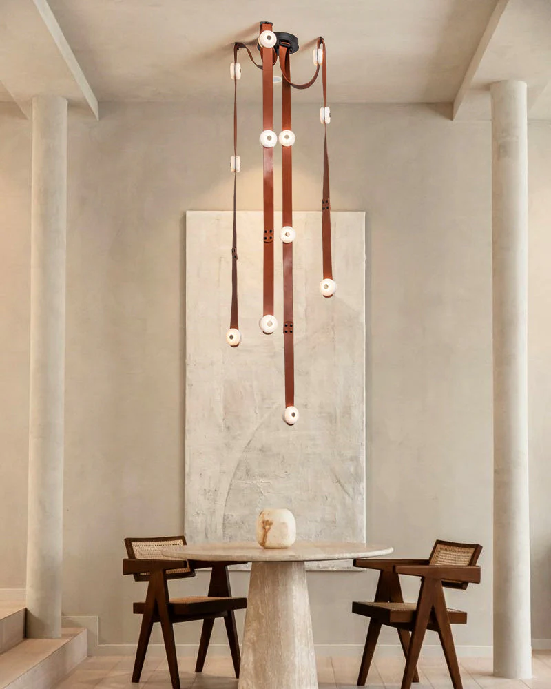 LED Mini SNAPS Module Ceiling Alabaster Pendant Light with Brown Leather Straps - Image 2