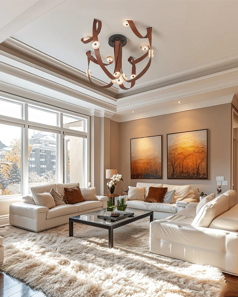 LED Mini SNAPS Module Ceiling Alabaster Pendant Light with Brown Leather Straps - Image 23