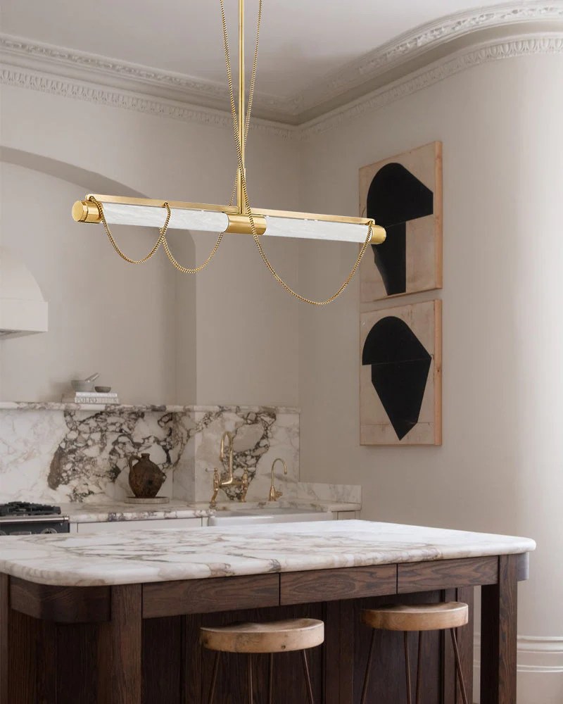LED Tubular Alabaster Shades Ceiling Pendant Lamp 49" with long chains | Brass - Image 10