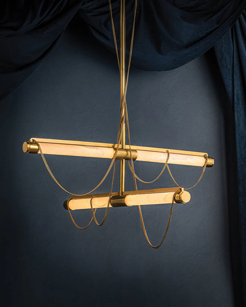 LED Tubular Alabaster Shades Ceiling Pendant Lamp 49" with long chains | Brass - Image 13