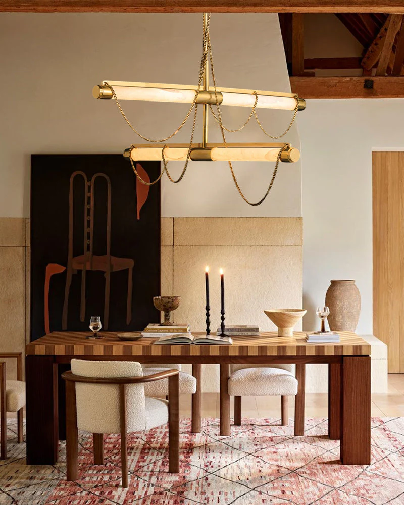 LED Tubular Alabaster Shades Ceiling Pendant Lamp 49" with long chains | Brass - Image 2