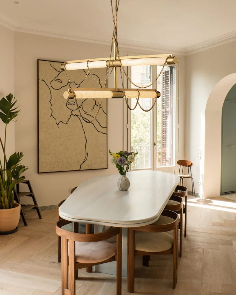 LED Tubular Alabaster Shades Ceiling Pendant Lamp 49" with long chains | Brass - Image 4