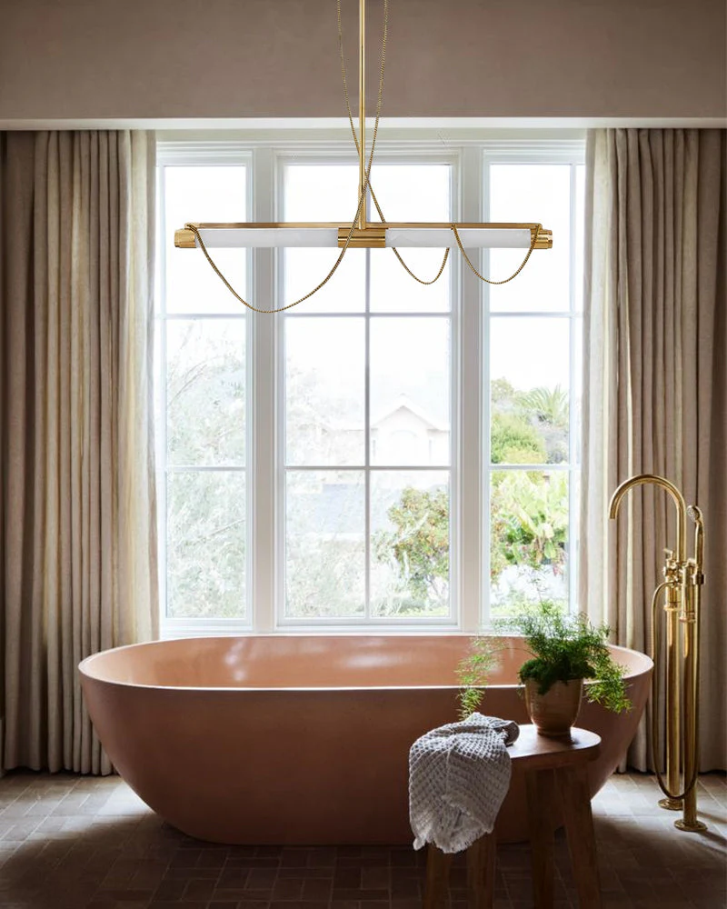 LED Tubular Alabaster Shades Ceiling Pendant Lamp 49" with long chains | Brass - Image 5