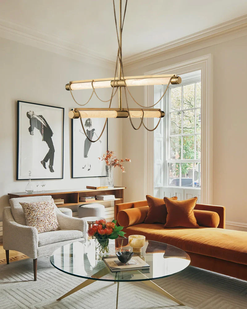 LED Tubular Alabaster Shades Ceiling Pendant Lamp 49" with long chains | Brass - Image 9