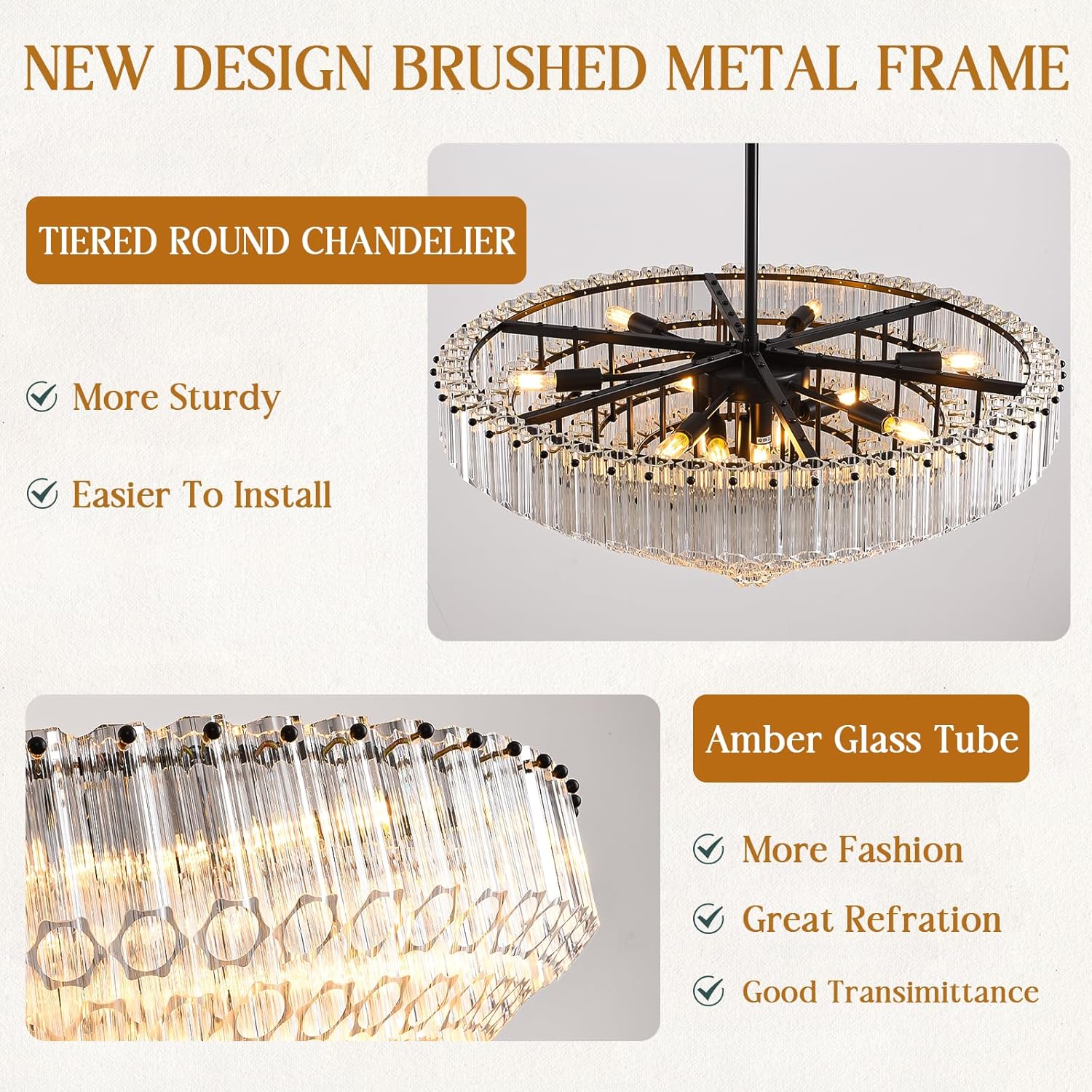 MDEGLYO Modern Amber and Clear Glass Chandelier 14" 32" 43" - Image 26