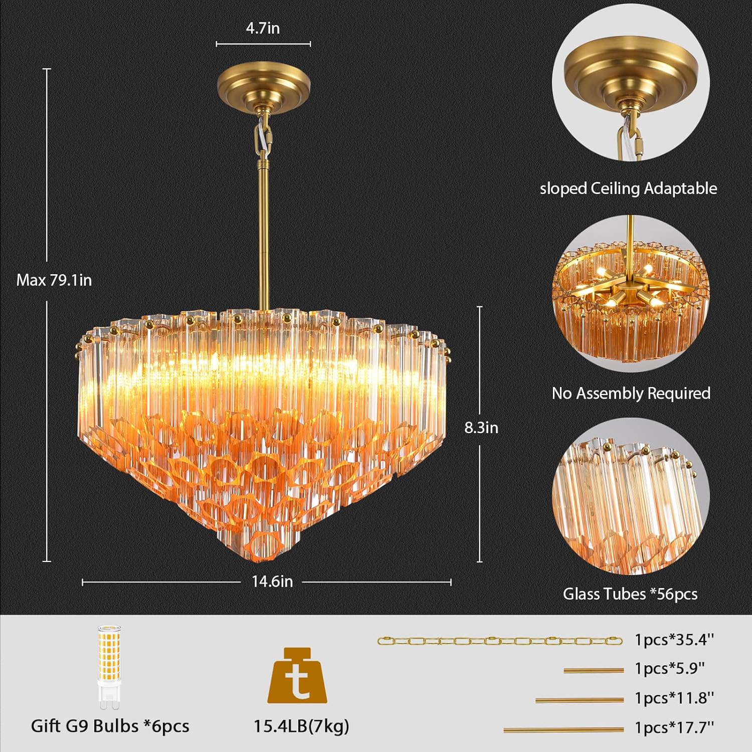 MDEGLYO Modern Amber and Clear Glass Chandelier 14" 32" 43" - Image 45