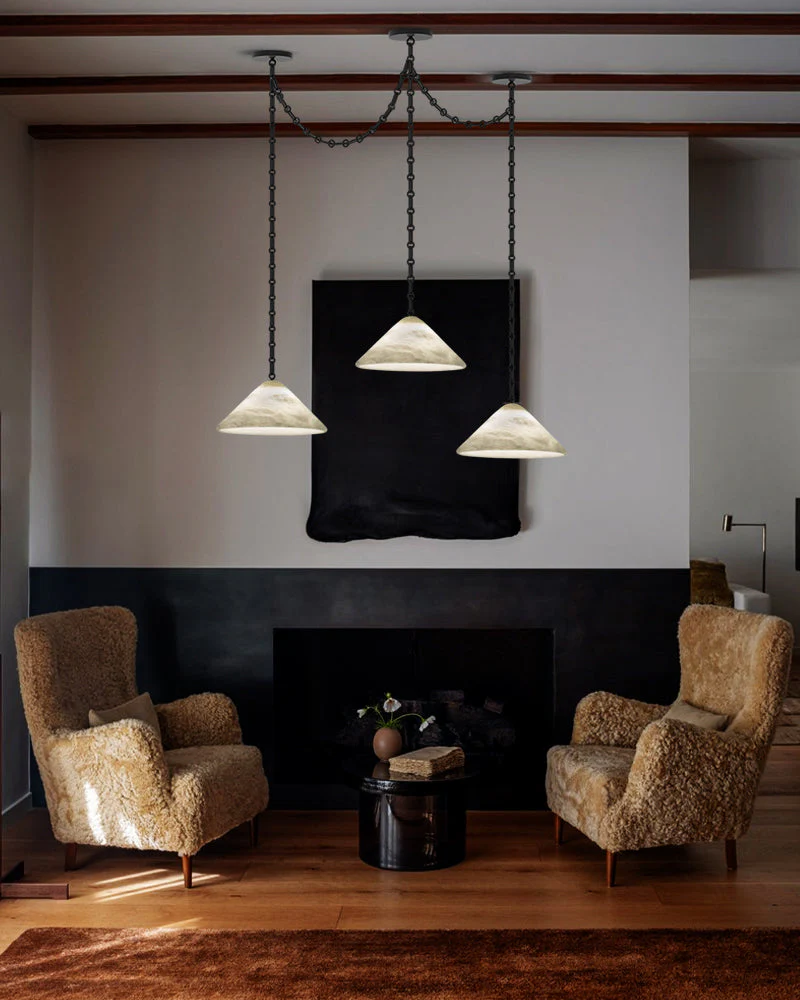 Medium 12" Conical Pendant White Alabaster Shade with Adjustable Chain for living room - Image 2