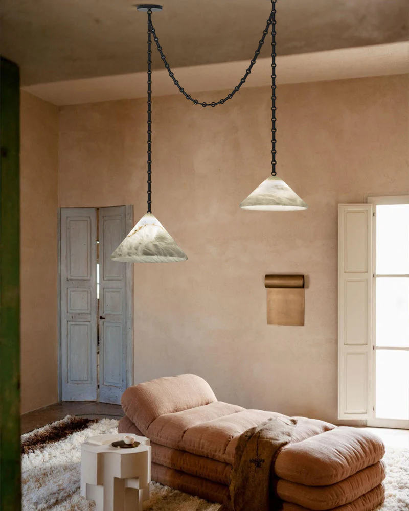 Medium 12" Conical Pendant White Alabaster Shade with Adjustable Chain for living room - Image 3