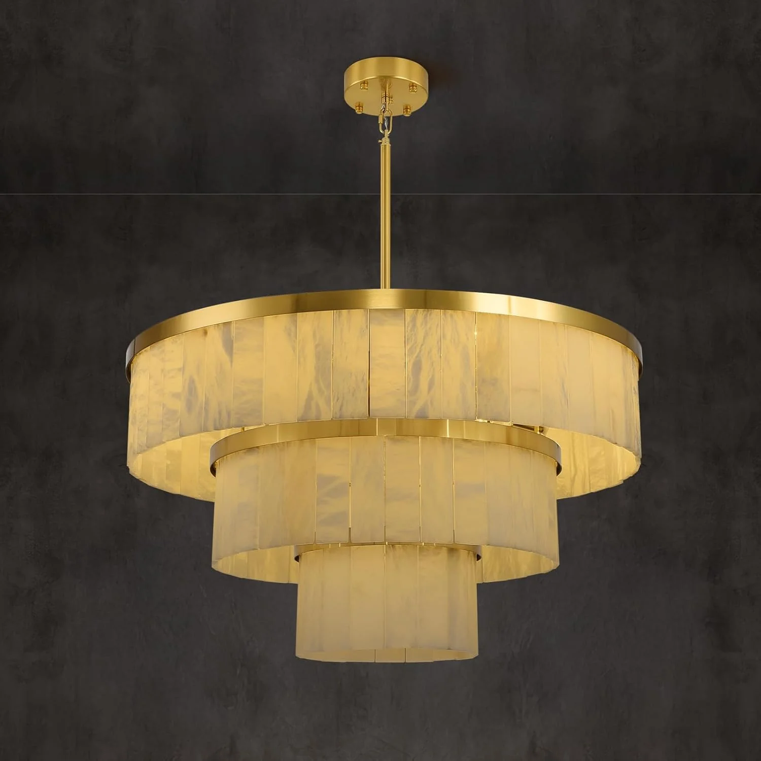 Modern 3-Tier Round Alabaster Chandelier-Gold 34"D - Image 2