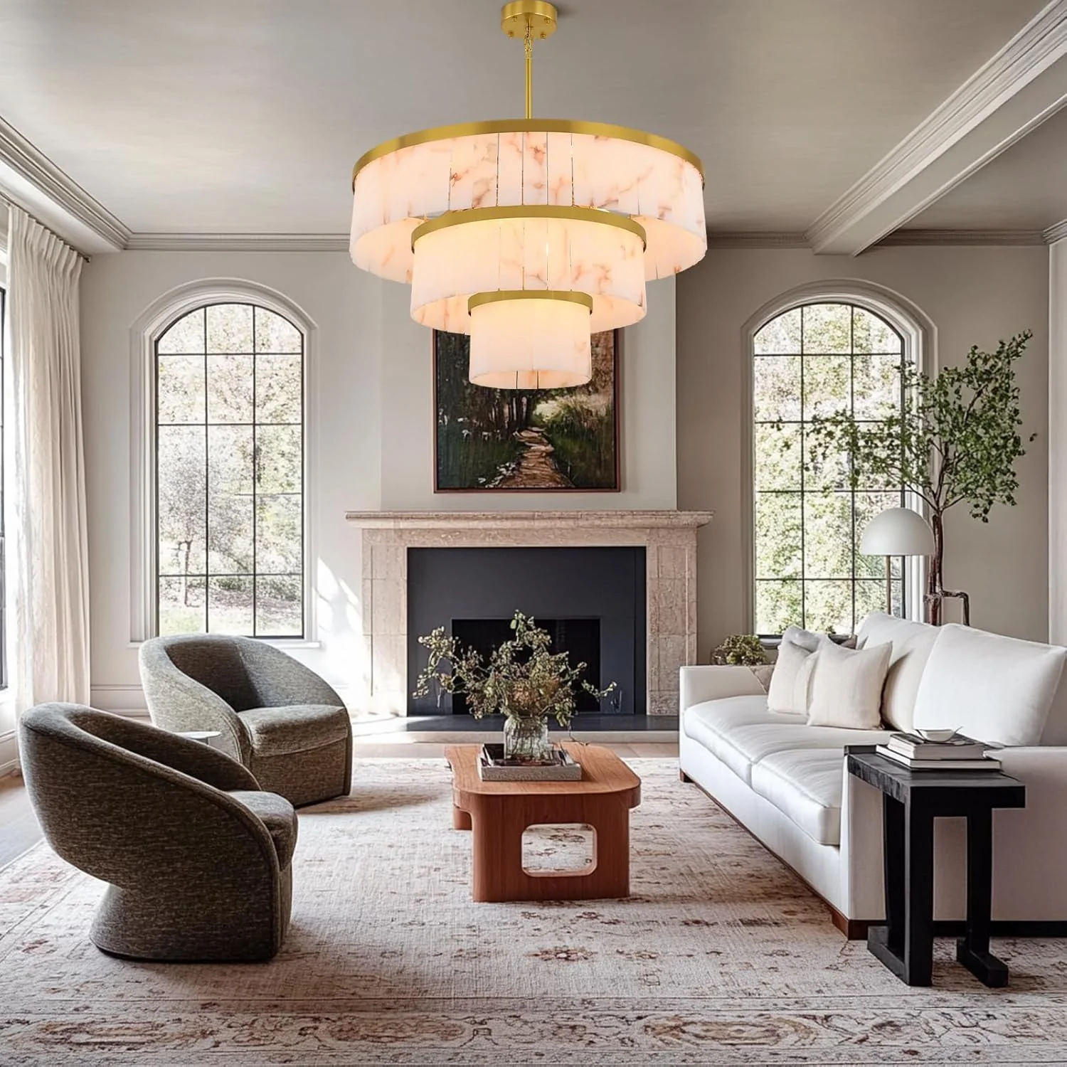 Modern 3-Tier Round Alabaster Chandelier-Gold 34"D - Image 6