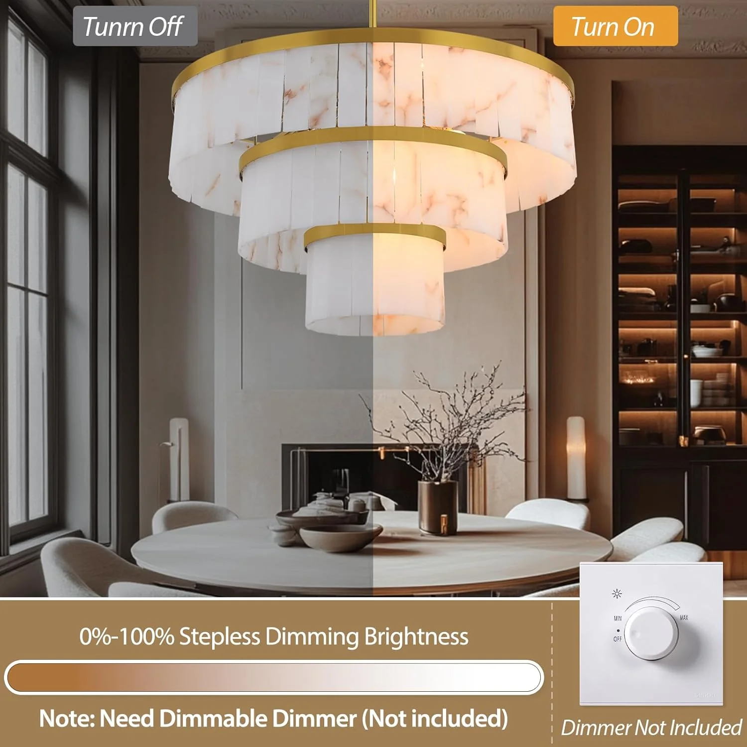 Modern 3-Tier Round Alabaster Chandelier-Gold 34"D - Image 7