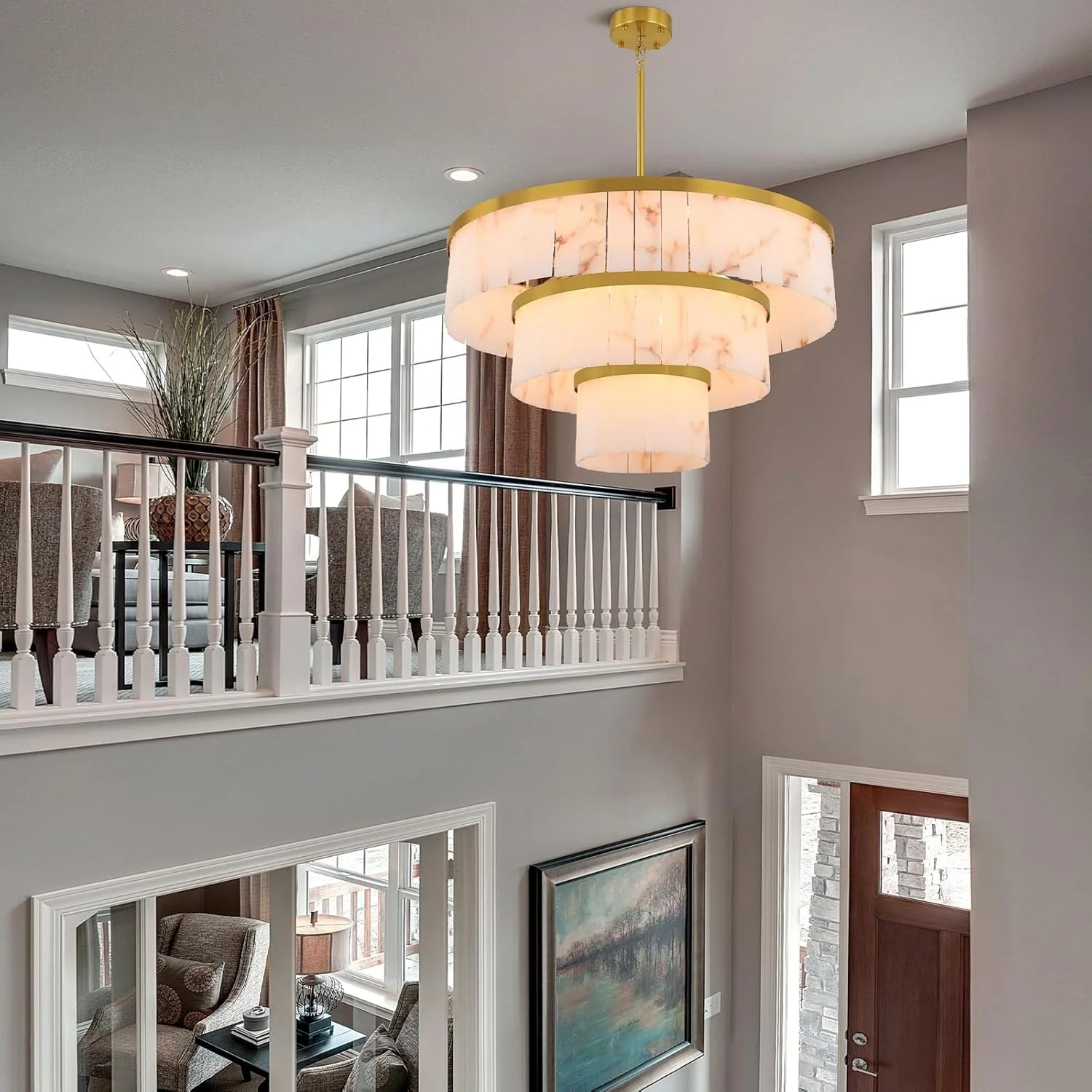 Modern 3-Tier Round Alabaster Chandelier-Gold 34"D - Image 8