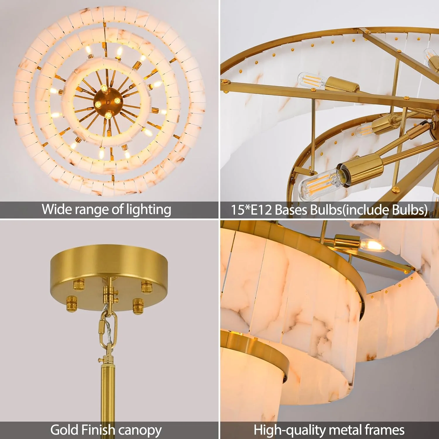 Modern 3-Tier Round Alabaster Chandelier-Gold 34"D - Image 9