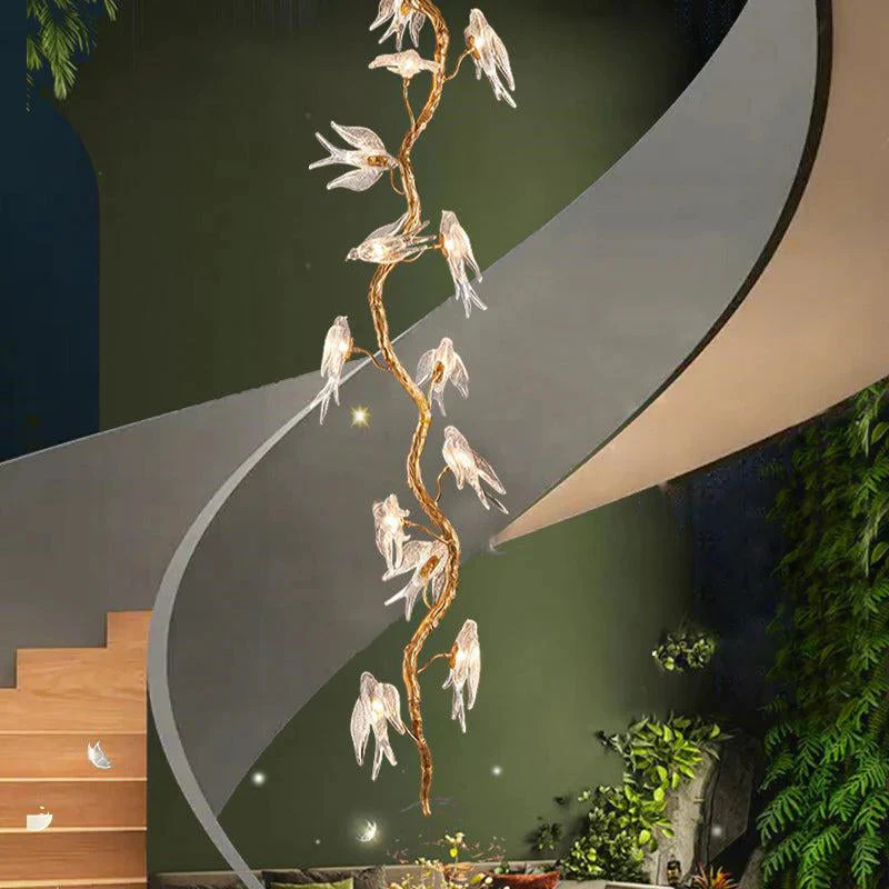 Modern Bird Glass Tree Branch Long Staircase Chandelier - Image 3