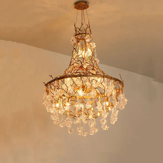 Modern Crystal Drop Brass Branch Chandelier - Image 4