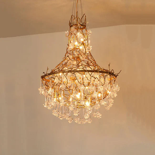 Modern Crystal Drop Brass Branch Chandelier - Image 5