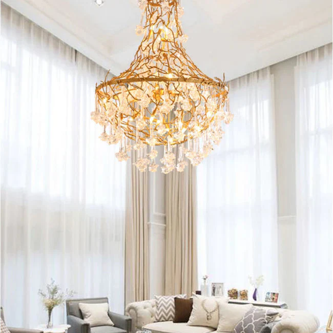 Modern Crystal Drop Brass Branch Chandelier - Image 6