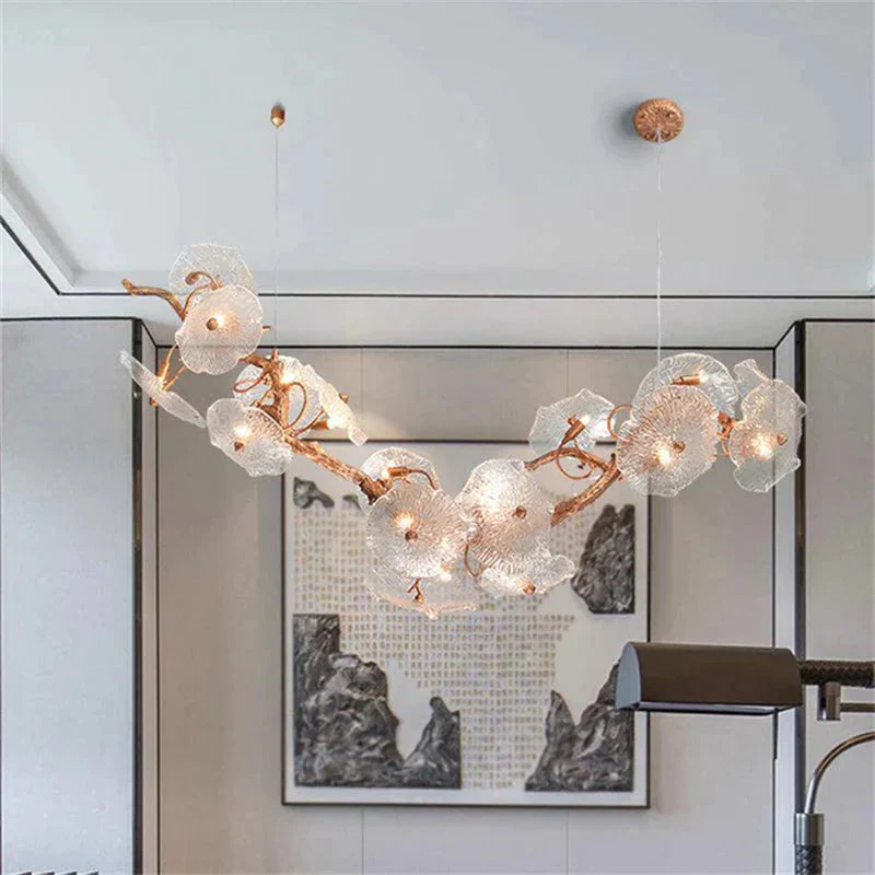 Modern Leaf Glass Flower Linear Branch Chandelier, Island Chandelier - Image 2