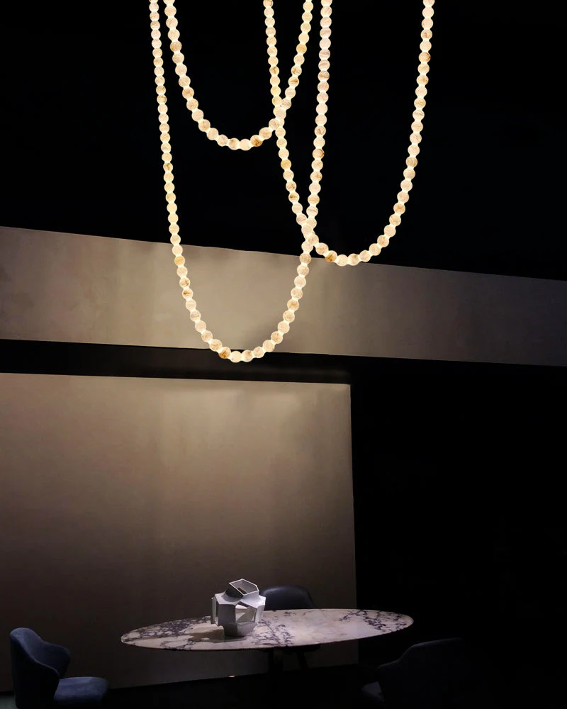 Modern LED Natural Alabaster Globes Beads Hanging Chandelier Indoor Lighting Fixture - Image 13