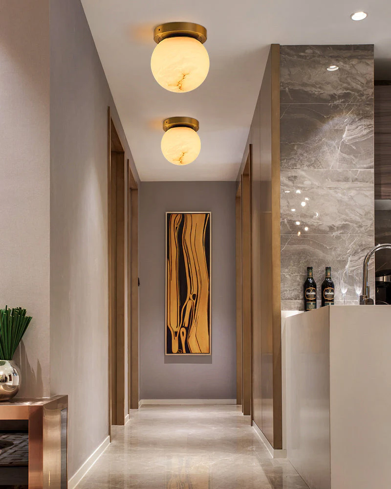 Modern Light Luxury Marble Round Ball Square Copper 1-Light Semi-Flush Mount Ceiling Light - Image 3