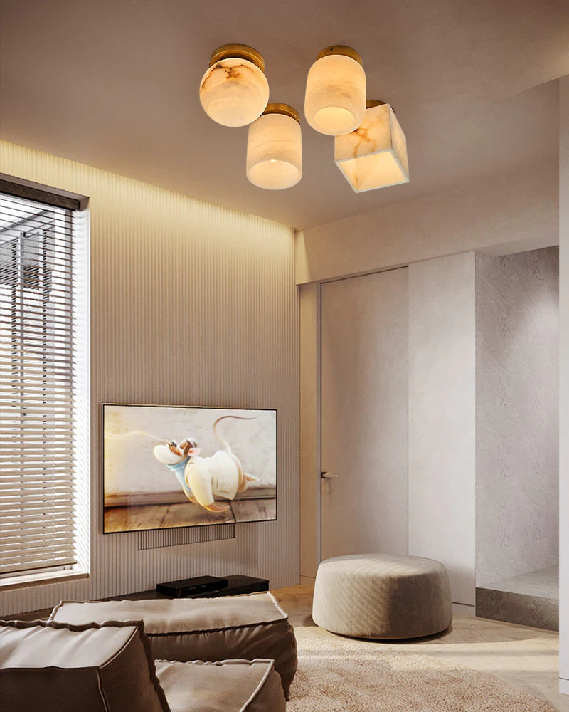 Modern Light Luxury Marble Round Ball Square Copper 1-Light Semi-Flush Mount Ceiling Light - Image 6