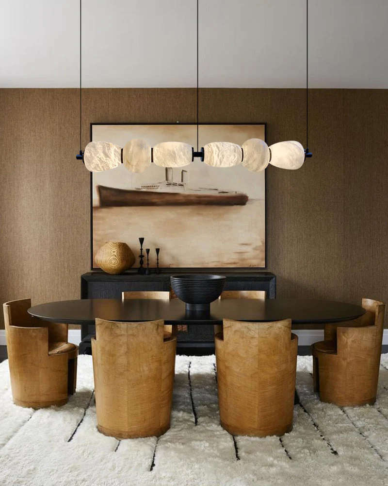 Modern Linear White Alabaster Solid Ball Thread Synthetic Shade Hanging Light for Dining - Image 7