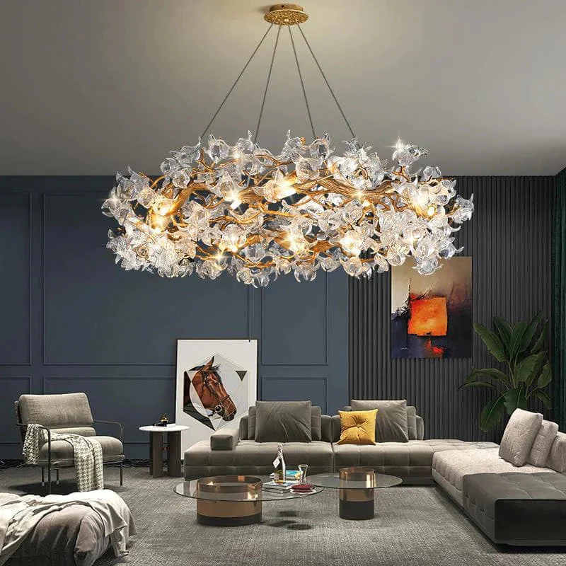 Modern Petal Crystal Round Brass Branch Chandelier For Living Room - Image 2