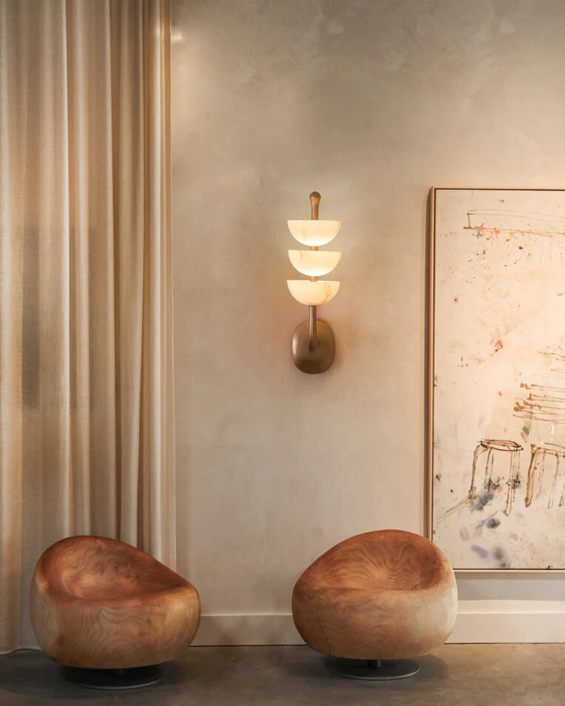 Modern Triple Alabaster Brass Stone Semi-Oval Wall Sconces 6in 15W - Image 10