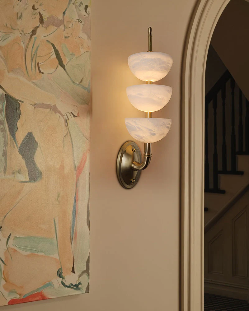 Modern Triple Alabaster Brass Stone Semi-Oval Wall Sconces 6in 15W - Image 3