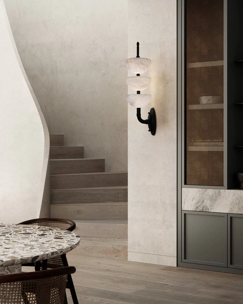Modern Triple Alabaster Brass Stone Semi-Oval Wall Sconces 6in 15W - Image 5