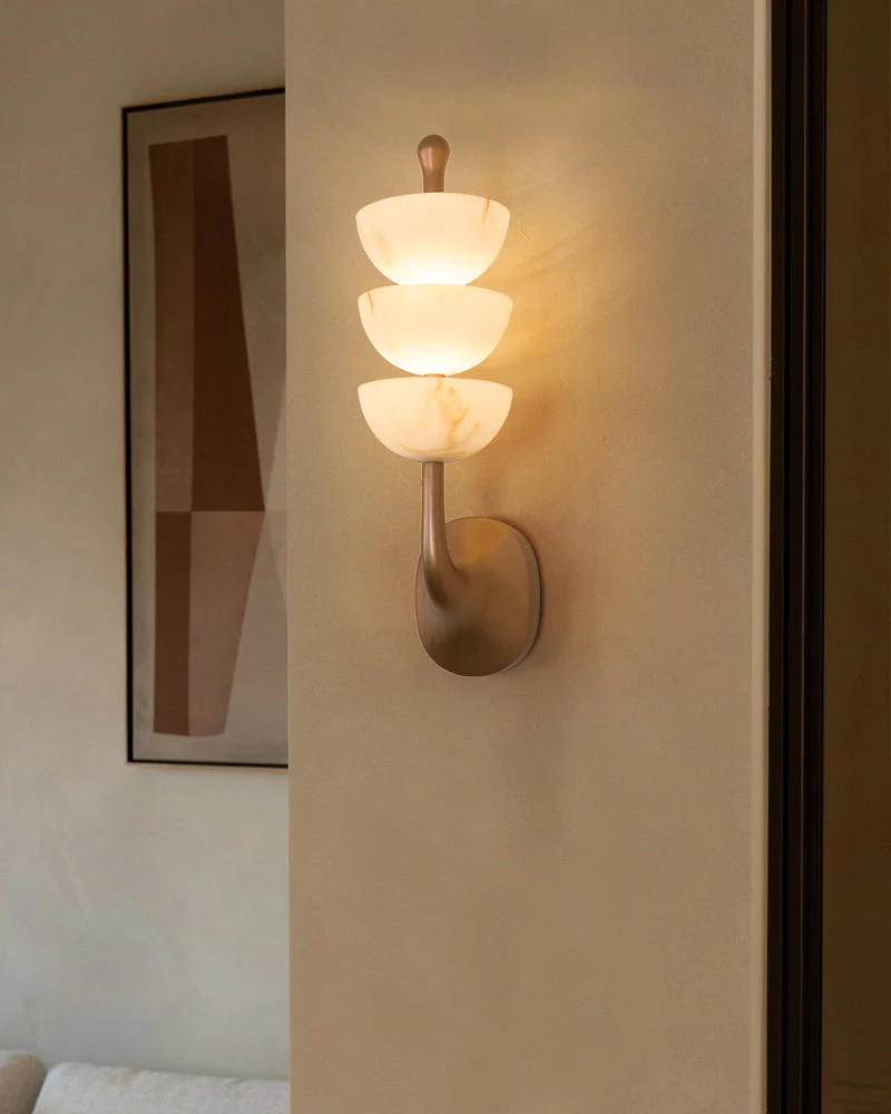Modern Triple Alabaster Brass Stone Semi-Oval Wall Sconces 6in 15W - Image 6