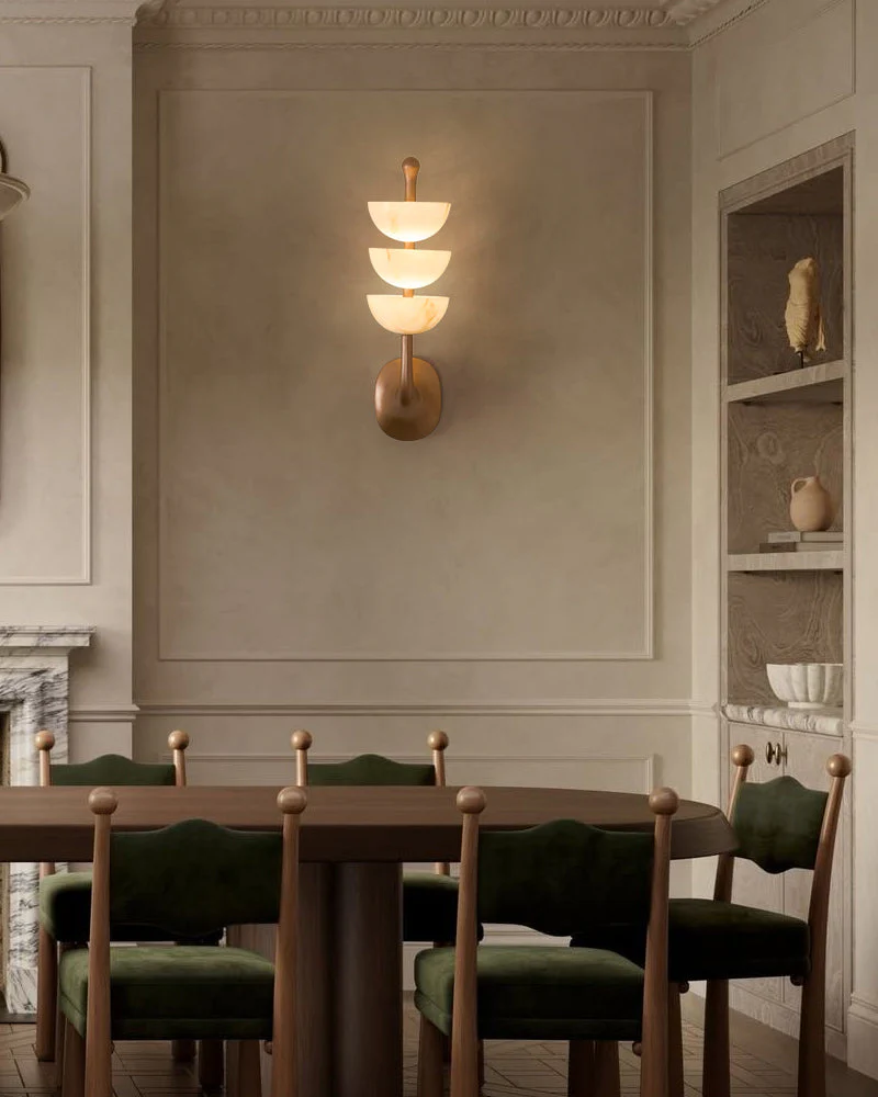 Modern Triple Alabaster Brass Stone Semi-Oval Wall Sconces 6in 15W - Image 8