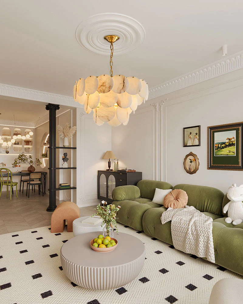 Multi layers Spanish White Alabaster Shell Marble Chandelier lamp in Brass - Image 13