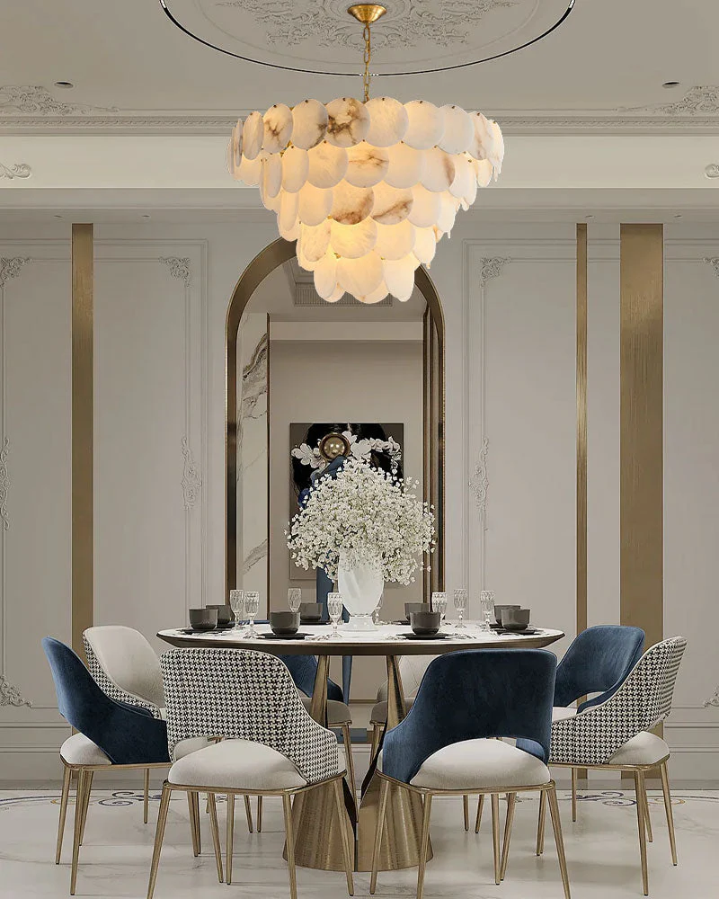 Multi layers Spanish White Alabaster Shell Marble Chandelier lamp in Brass - Image 14